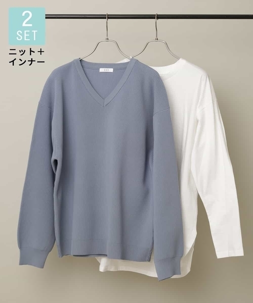 a.v.v(アーヴェヴェ)の「【2枚SET/洗濯機で洗える】カットソー付きVネックアゼニット(ニット/セーター・メンズ・ベージュ/ライトブルー/ネイビー/チャコールグレー/ピンク/ホワイト・50/46/48/44)」の4枚目の写真