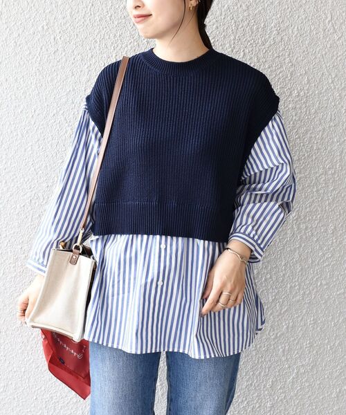 SHIPS(シップス)の「〈手洗い可能〉7分袖シャツ×ニットベストコンビトップス◆(ベスト・レディース・ナチュラル/コバルトブルー・ONE SIZE)」の2枚目の写真