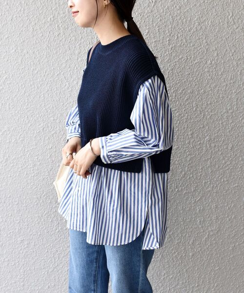 セール】〈手洗い可能〉7分袖シャツ×ニットベストコンビトップス