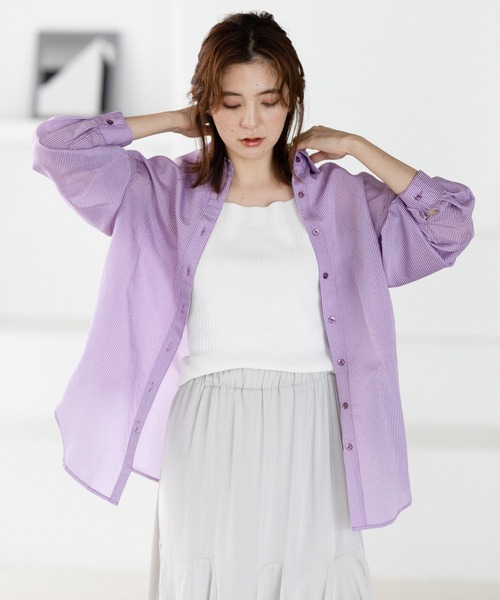 GeeRA（ジーラ）の「シアーストライプBIGシャツ（シャツ/ブラウス・レディース・パープル/ミント・MEDIUM/LARGE）」の2枚目の写真