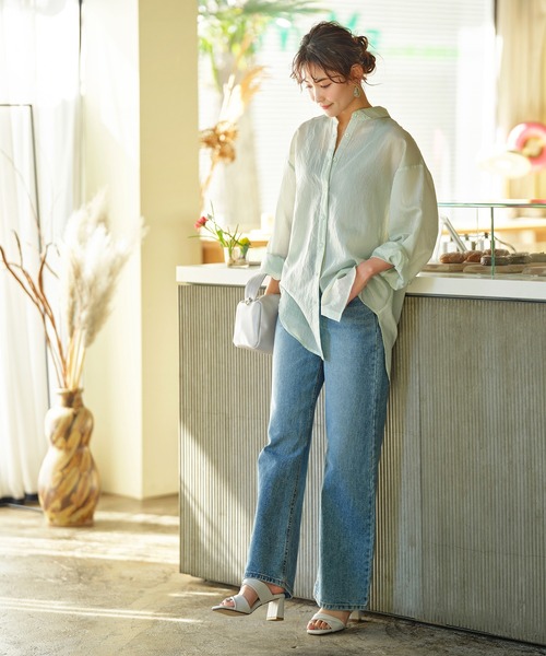 GeeRA（ジーラ）の「シアーストライプBIGシャツ（シャツ/ブラウス・レディース・パープル/ミント・MEDIUM/LARGE）」の3枚目の写真