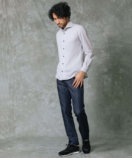 MICHEL KLEIN HOMME   （ミッシェルクランオム）の「【2022年モデル】《日本製》ストライプラッセルシャツ（シャツ/ブラウス・メンズ・パープル/ブラック/グレー/ベージュ/ブルー/モカ/ボルドー・X-LARGE/MEDIUM/LARGE/44/52）」の2枚目の写真