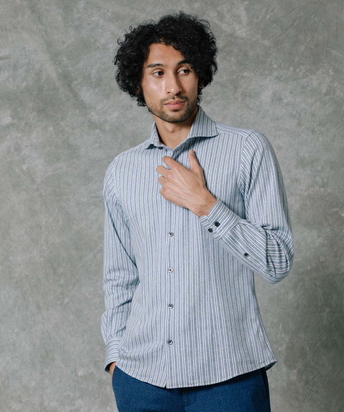 MICHEL KLEIN HOMME   （ミッシェルクランオム）の「【2022年モデル】《日本製》ストライプラッセルシャツ（シャツ/ブラウス・メンズ・パープル/ブラック/グレー/ベージュ/ブルー/モカ/ボルドー・X-LARGE/MEDIUM/LARGE/44/52）」の8枚目の写真