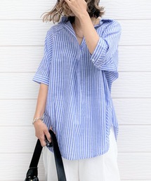 Q | ストライプハーフスリーブシャツ(シャツ/ブラウス)