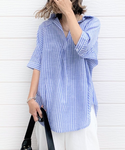 Q(キュー)の「ストライプハーフスリーブシャツ(シャツ/ブラウス・レディース・ホワイト系その他/ブルー系その他・MEDIUM)」の1枚目の写真