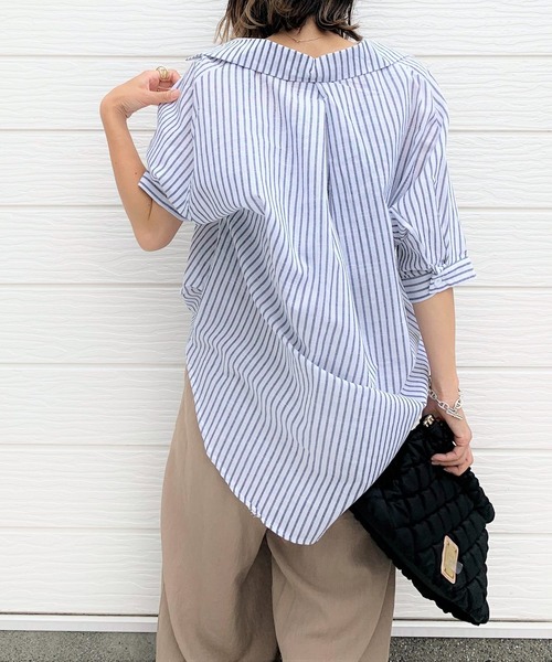 Q(キュー)の「ストライプハーフスリーブシャツ(シャツ/ブラウス・レディース・ホワイト系その他/ブルー系その他・MEDIUM)」の7枚目の写真
