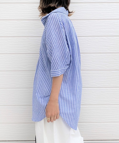 Q(キュー)の「ストライプハーフスリーブシャツ(シャツ/ブラウス・レディース・ホワイト系その他/ブルー系その他・MEDIUM)」の8枚目の写真