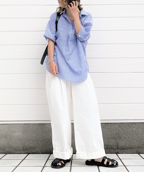 Q(キュー)の「ストライプハーフスリーブシャツ(シャツ/ブラウス・レディース・ホワイト系その他/ブルー系その他・MEDIUM)」の10枚目の写真