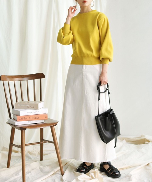 HER CLOSET（ハークローゼット）の「【shemoshelly】WEB限定ボリュームスリーブロングリブスウェットライクニット（ニット/セーター・レディース・ブラック/スモークピンク/オフホワイト/ブルー/ライトグレー/マスタード・M）」の12枚目の写真