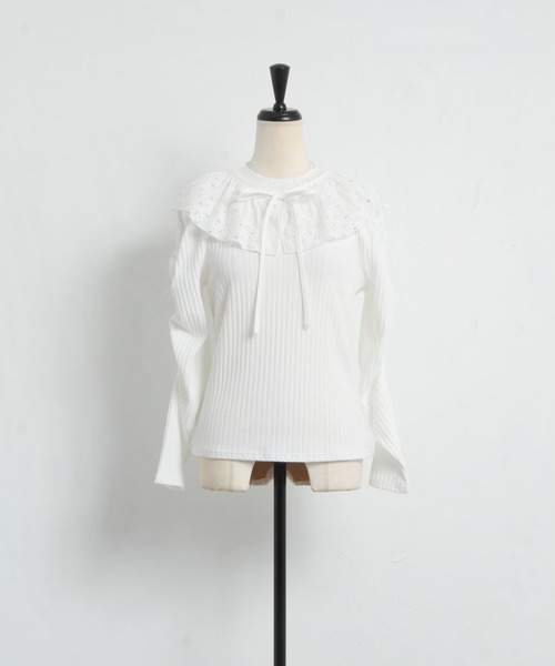 tocco closet（トッコ　クローゼット）の「２ＷＡＹリボン×レース襟付きギャザースリーブリブカットソー（Tシャツ/カットソー・レディース・ブラック/ホワイト・M）」の4枚目の写真