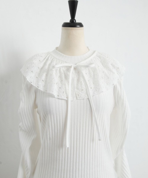 tocco closet（トッコ　クローゼット）の「２ＷＡＹリボン×レース襟付きギャザースリーブリブカットソー（Tシャツ/カットソー・レディース・ブラック/ホワイト・M）」の17枚目の写真
