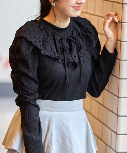 tocco closet（トッコ　クローゼット）の「２ＷＡＹリボン×レース襟付きギャザースリーブリブカットソー（Tシャツ/カットソー・レディース・ブラック/ホワイト・M）」の22枚目の写真