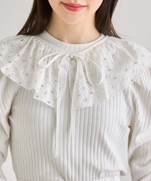 tocco closet（トッコ　クローゼット）の「２ＷＡＹリボン×レース襟付きギャザースリーブリブカットソー（Tシャツ/カットソー・レディース・ブラック/ホワイト・M）」の12枚目の写真