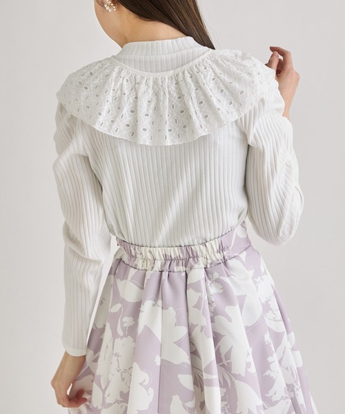tocco closet（トッコ　クローゼット）の「２ＷＡＹリボン×レース襟付きギャザースリーブリブカットソー（Tシャツ/カットソー・レディース・ブラック/ホワイト・M）」の3枚目の写真