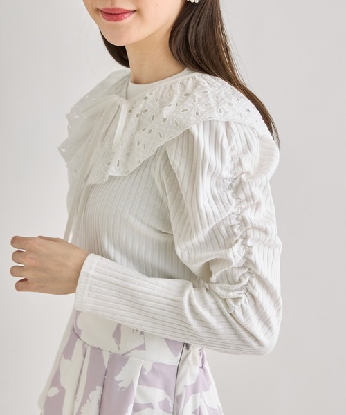 tocco closet（トッコ　クローゼット）の「２ＷＡＹリボン×レース襟付きギャザースリーブリブカットソー（Tシャツ/カットソー・レディース・ブラック/ホワイト・M）」の9枚目の写真