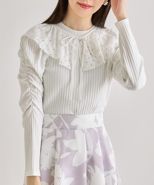 tocco closet（トッコ　クローゼット）の「２ＷＡＹリボン×レース襟付きギャザースリーブリブカットソー（Tシャツ/カットソー・レディース・ブラック/ホワイト・M）」の21枚目の写真
