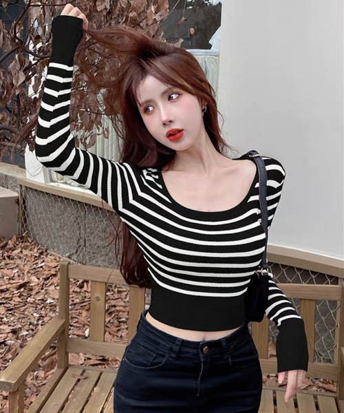 セール】ボーダーニット 長袖 ショート丈 クロップド丈 y2k