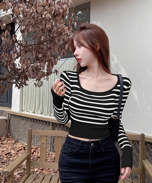 shopnikoniko（ショップニコニコ）の「ボーダーニット 長袖 ショート丈 クロップド丈 y2k トップス ロンT ピチT Uネック ボーダートップス（Tシャツ/カットソー・レディース・ブラック/ブルー・フリー）」の18枚目の写真