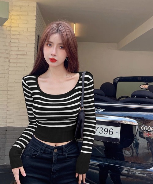 shopnikoniko（ショップニコニコ）の「ボーダーニット 長袖 ショート丈 クロップド丈 y2k トップス ロンT ピチT Uネック ボーダートップス（Tシャツ/カットソー・レディース・ブラック/ブルー・フリー）」の17枚目の写真