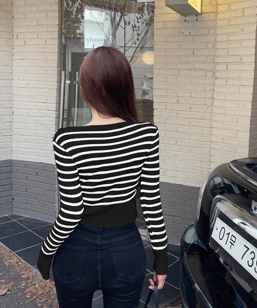 セール】ボーダーニット 長袖 ショート丈 クロップド丈 y2k