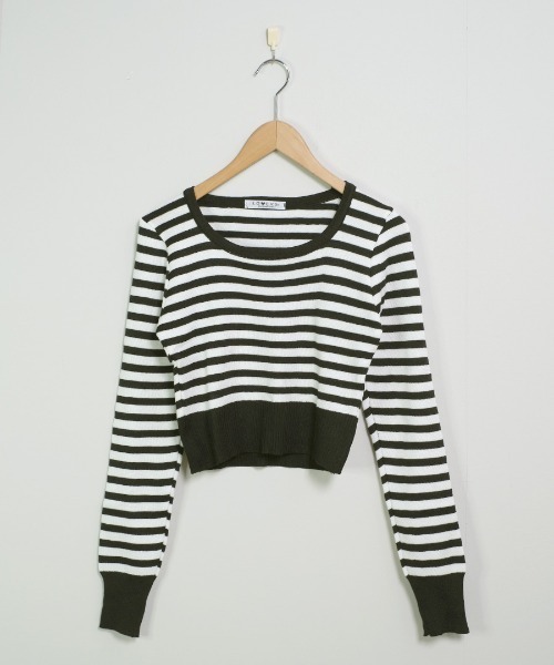 shopnikoniko（ショップニコニコ）の「ボーダーニット 長袖 ショート丈 クロップド丈 y2k トップス ロンT ピチT Uネック ボーダートップス（Tシャツ/カットソー・レディース・ブラック/ブルー・フリー）」の15枚目の写真