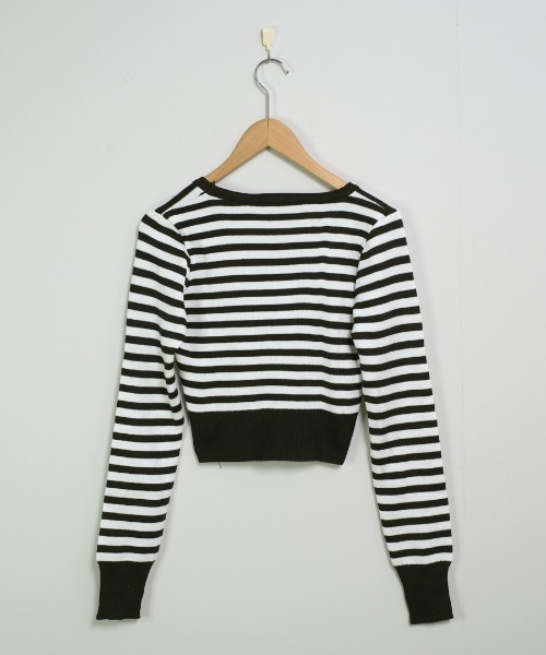 shopnikoniko（ショップニコニコ）の「ボーダーニット 長袖 ショート丈 クロップド丈 y2k トップス ロンT ピチT Uネック ボーダートップス（Tシャツ/カットソー・レディース・ブラック/ブルー・フリー）」の14枚目の写真