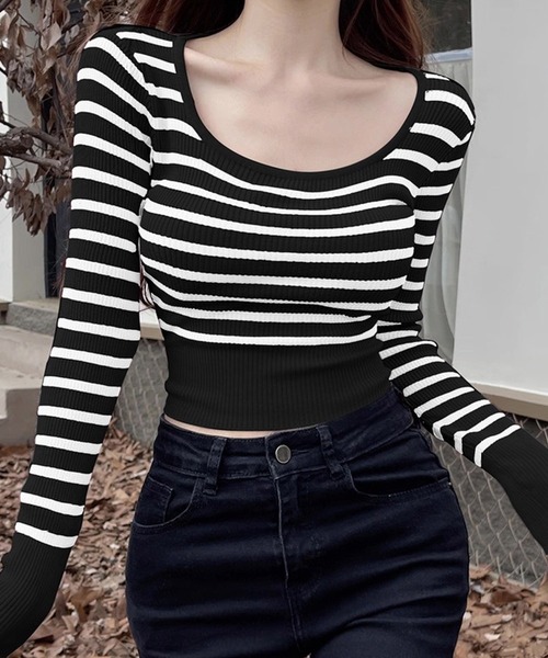 shopnikoniko（ショップニコニコ）の「ボーダーニット 長袖 ショート丈 クロップド丈 y2k トップス ロンT ピチT Uネック ボーダートップス（Tシャツ/カットソー・レディース・ブラック/ブルー・フリー）」の20枚目の写真