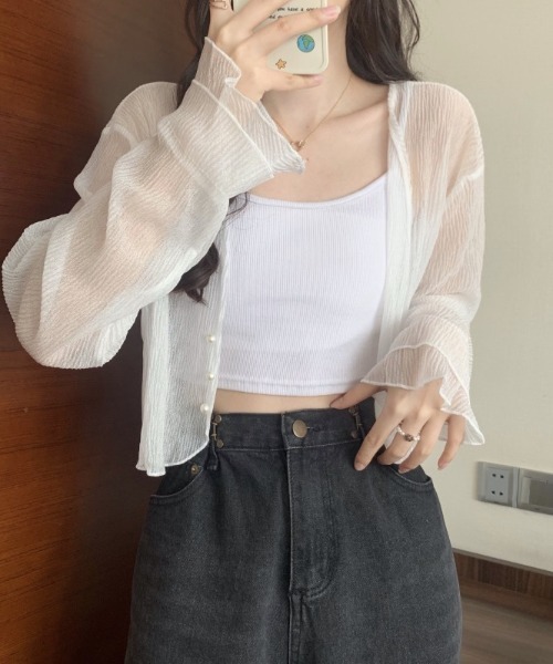 極美品♡2024年Rene パールボレロカーディガン(白) 38 36 セール】パールボタンシアーボレロ（カーディガン/ボレロ