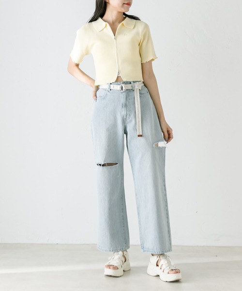OLIVE des OLIVE（オリーブデオリーブ）の「ベルト付きダメージデニムパンツ　1031030090（デニムパンツ・レディース・サックスブルー・SMALL/MEDIUM）」の2枚目の写真