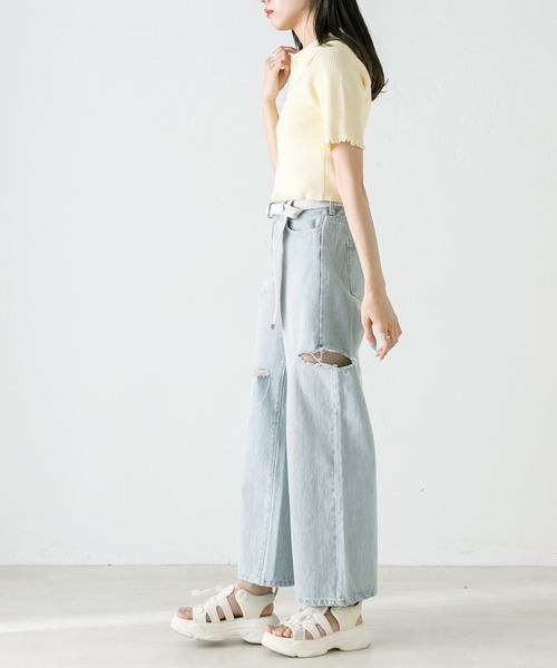 OLIVE des OLIVE（オリーブデオリーブ）の「ベルト付きダメージデニムパンツ　1031030090（デニムパンツ・レディース・サックスブルー・SMALL/MEDIUM）」の3枚目の写真