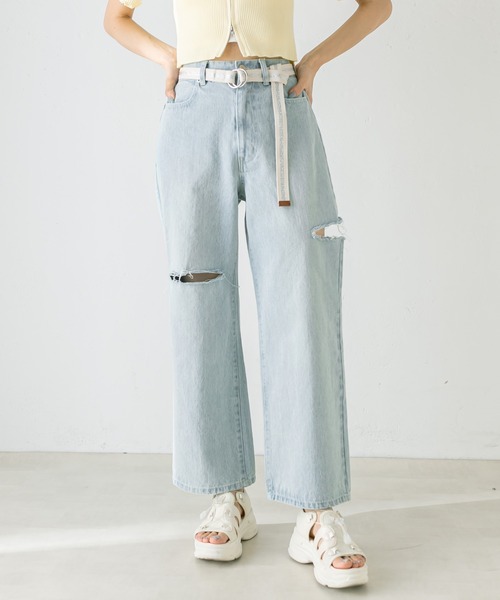 OLIVE des OLIVE（オリーブデオリーブ）の「ベルト付きダメージデニムパンツ　1031030090（デニムパンツ・レディース・サックスブルー・SMALL/MEDIUM）」の5枚目の写真