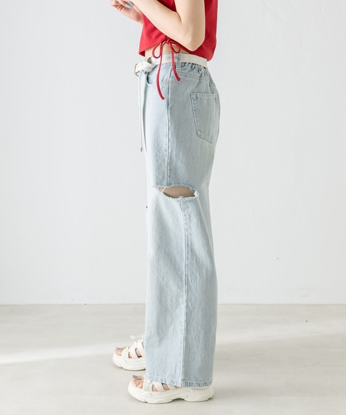 OLIVE des OLIVE（オリーブデオリーブ）の「ベルト付きダメージデニムパンツ　1031030090（デニムパンツ・レディース・サックスブルー・SMALL/MEDIUM）」の12枚目の写真
