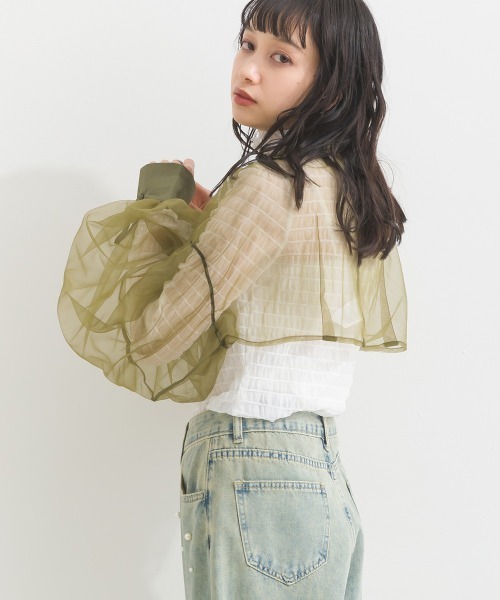 terrace(テラス)の「シースルーボレロ 結婚式&ドレスアップ◎(カーディガン/ボレロ・レディース・ベージュ/ブルー/ブラック/ピンク/カーキ/グレー/コバルトブルー/バーガンディー・MEDIUM)」の10枚目の写真