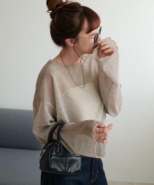 DISCOAT（ディスコート）の「【WEB限定】シアーボーダーロングスリーブ（Tシャツ/カットソー・レディース・オフホワイト/チャコールグレー/ベージュ/ブルー・FREE）」の10枚目の写真