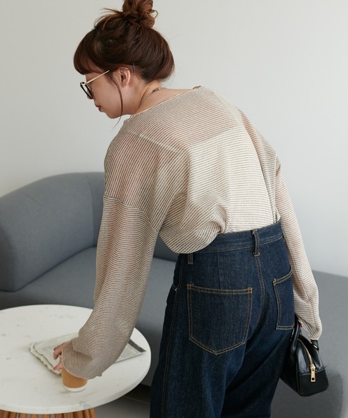 DISCOAT（ディスコート）の「【WEB限定】シアーボーダーロングスリーブ（Tシャツ/カットソー・レディース・オフホワイト/チャコールグレー/ベージュ/ブルー・FREE）」の6枚目の写真