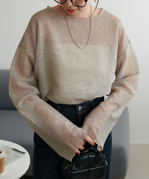 DISCOAT（ディスコート）の「【WEB限定】シアーボーダーロングスリーブ（Tシャツ/カットソー・レディース・オフホワイト/チャコールグレー/ベージュ/ブルー・FREE）」の5枚目の写真