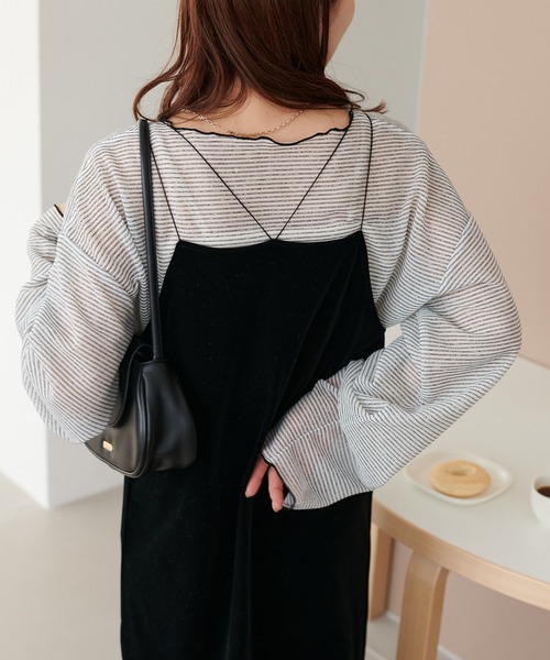 DISCOAT（ディスコート）の「【WEB限定】シアーボーダーロングスリーブ（Tシャツ/カットソー・レディース・オフホワイト/チャコールグレー/ベージュ/ブルー・FREE）」の8枚目の写真