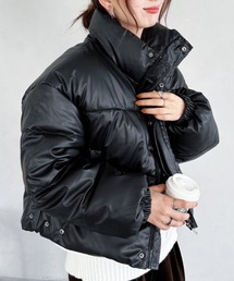 leather short down jacket／フェイクレザースタンドカラーショート丈中綿ダウン