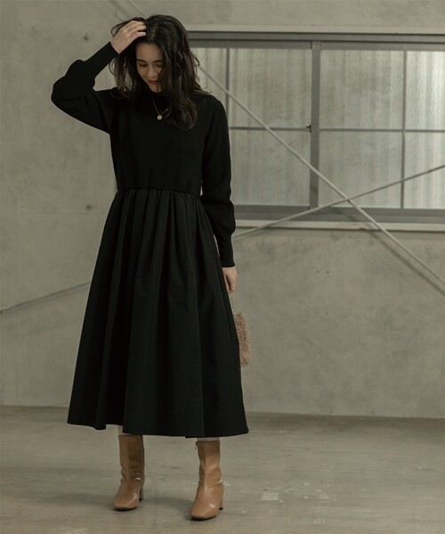 OPAQUE.CLIP（オペークドットクリップ）の「◆ハイネックニット×ギャザースカートドッキングワンピース【洗濯機洗い可】（ワンピース・レディース・ピンク系/ブラック系4/ベージュ系その他7/チャコール・42/40/38）」の9枚目の写真