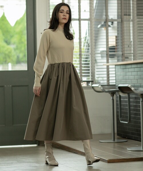 美品✨Rene ルネ　ドッキングワンピース　ニット　ウールスカート　茶　ベージュ OPAQUE.CLIP（オペークドットクリップ）の「◇ハイネックニット