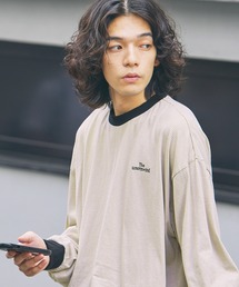 ロゴ刺繍裾ドローコード長袖 Tシャツ 無地/ボーダー