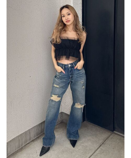 GYDA（ジェイダ）の「ハイウエスト COPPERステッチ ストレートダメージデニムパンツ（デニムパンツ・レディース・ライトブルー/ブルー・MEDIUM/SMALL）」の4枚目の写真