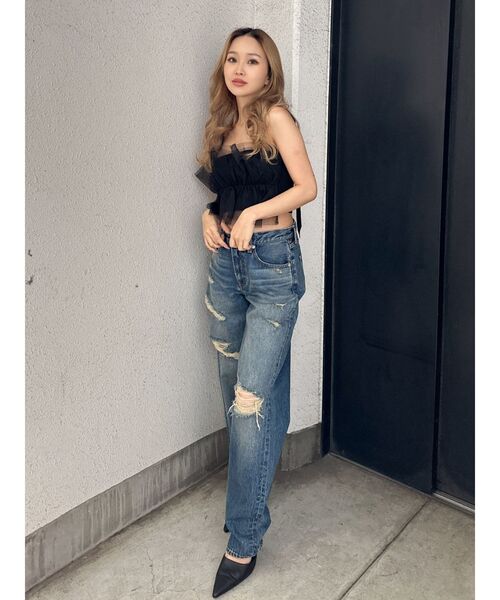 GYDA（ジェイダ）の「ハイウエスト COPPERステッチ ストレートダメージデニムパンツ（デニムパンツ・レディース・ライトブルー/ブルー・MEDIUM/SMALL）」の6枚目の写真