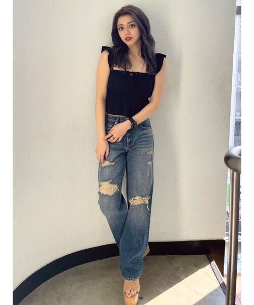 GYDA（ジェイダ）の「ハイウエスト COPPERステッチ ストレートダメージデニムパンツ（デニムパンツ・レディース・ライトブルー/ブルー・MEDIUM/SMALL）」の8枚目の写真