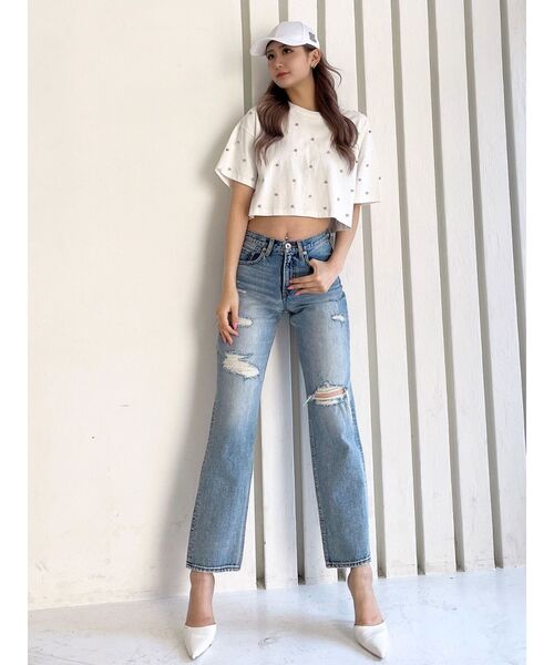 GYDA（ジェイダ）の「ハイウエスト COPPERステッチ ストレートダメージデニムパンツ（デニムパンツ・レディース・ライトブルー/ブルー・MEDIUM/SMALL）」の15枚目の写真