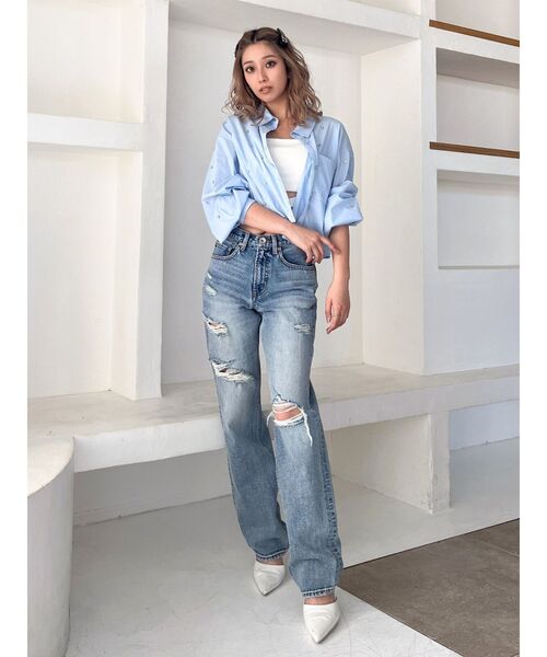 GYDA（ジェイダ）の「ハイウエスト COPPERステッチ ストレートダメージデニムパンツ（デニムパンツ・レディース・ライトブルー/ブルー・MEDIUM/SMALL）」の19枚目の写真