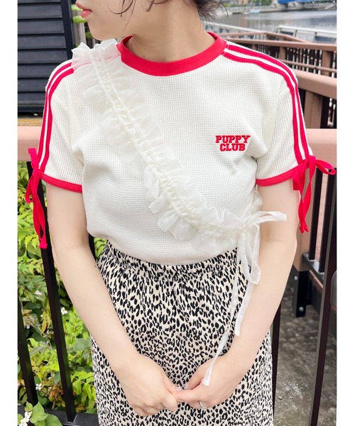 WC(ダブル シー)の「リボン2ラインワッフルTシャツ(Tシャツ/カットソー・レディース・ブルー/ブラック/アイボリー・FREE)」の1枚目の写真