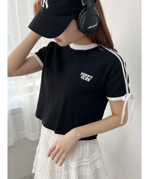 WC(ダブル シー)の「リボン2ラインワッフルTシャツ(Tシャツ/カットソー・レディース・ブルー/ブラック/アイボリー・FREE)」の3枚目の写真