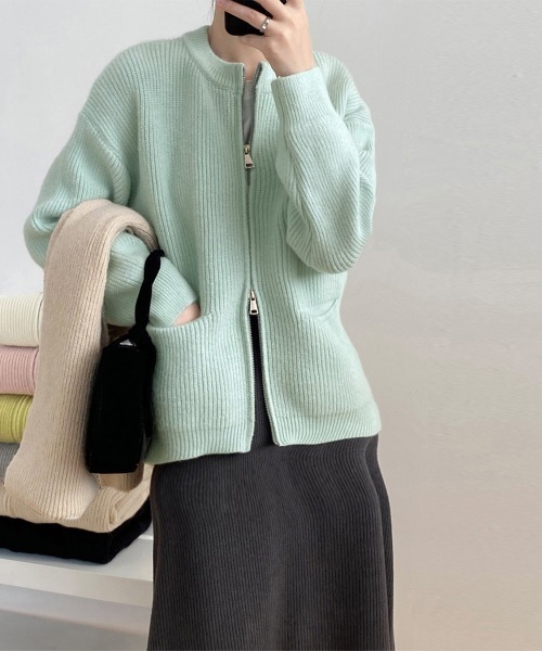 Miniministore(ミニミニストア)の「ニットカーディガン ジップアップアウター(ニット/セーター・レディース・ミント/アイボリー/グレー/ピンク/ベージュ/イエロー/マスタード・FREE)」の4枚目の写真