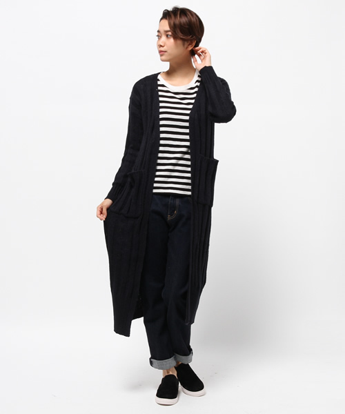 SEVENDAYS=SUNDAY(セブンデイズサンデイ)の「モヘヤ混 ストライプ柄ロングカーディガン(カーディガン/ボレロ・レディース・ネイビー/オフホワイト/杢グレー・FREE)」の14枚目の写真